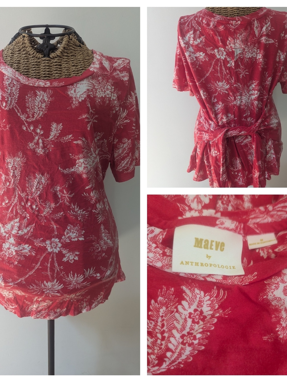Anthropologie Maeve Red Floral Tie-Back Short Sleeve Top